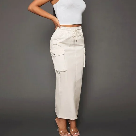 Beige Casual Womens Drawstring Waist Flap Pocket Side Cargo Skirt - Picture 1 of 5